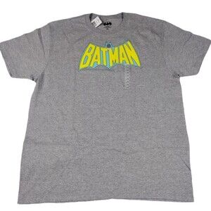 DC Comic Batman Mens Size XL Gray T Shirt Graphic Crew Neck Blue Yellow Tagless
